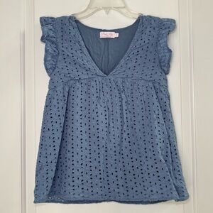 Pink Lily Dusty Blue Eyelet V-Neck Flutter Sleeve Top